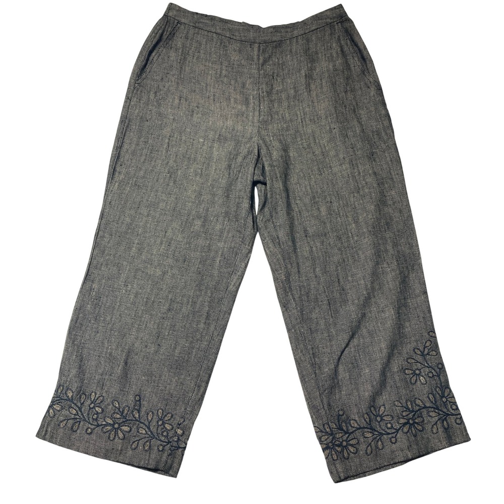 Chico's Design Linen Pants Cropped Wide Leg Embroidered Brown Black Size 1